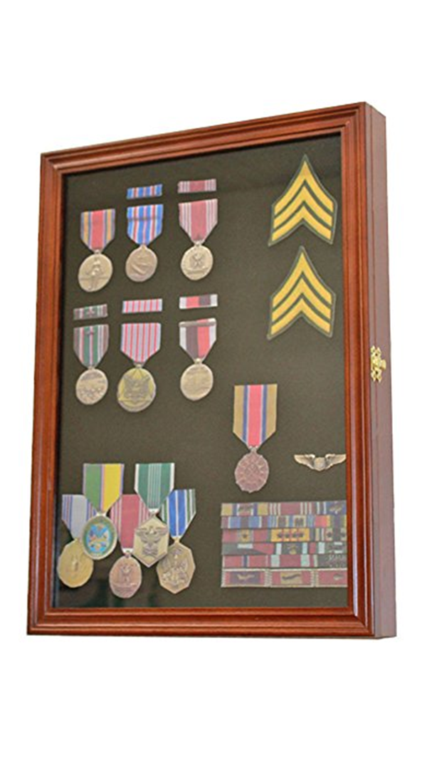 Display Case Wall Frame Cabinet showcasing military medals and pins with a walnut finish and real glass door.