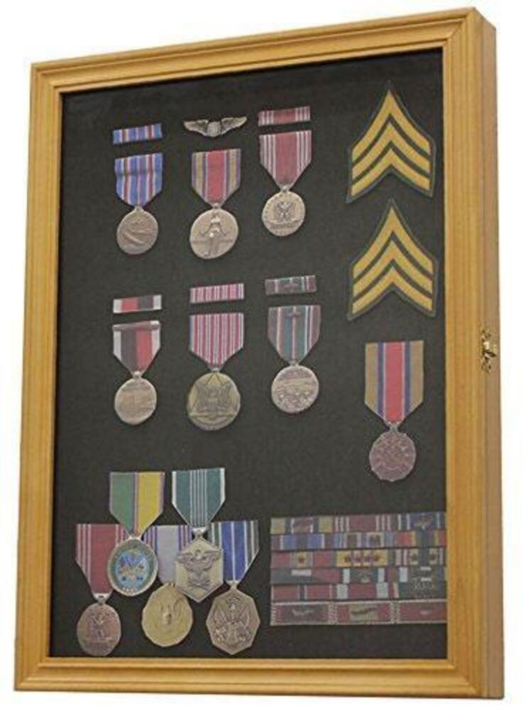 Elegant Display Case Wall Frame Cabinet for military medals, pins, and patches, handcrafted from solid beech hardwood with a glass door and felt background.