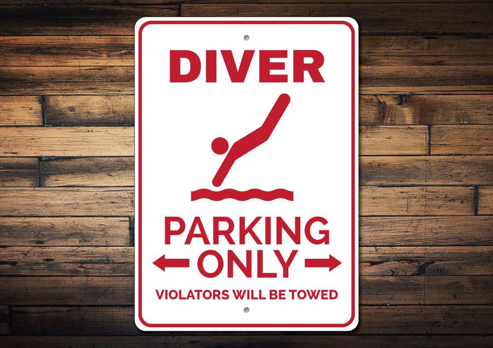 A Diver Parking Sign made of durable aluminum, featuring a unique design for reserving parking spaces, suitable for various vehicles.
