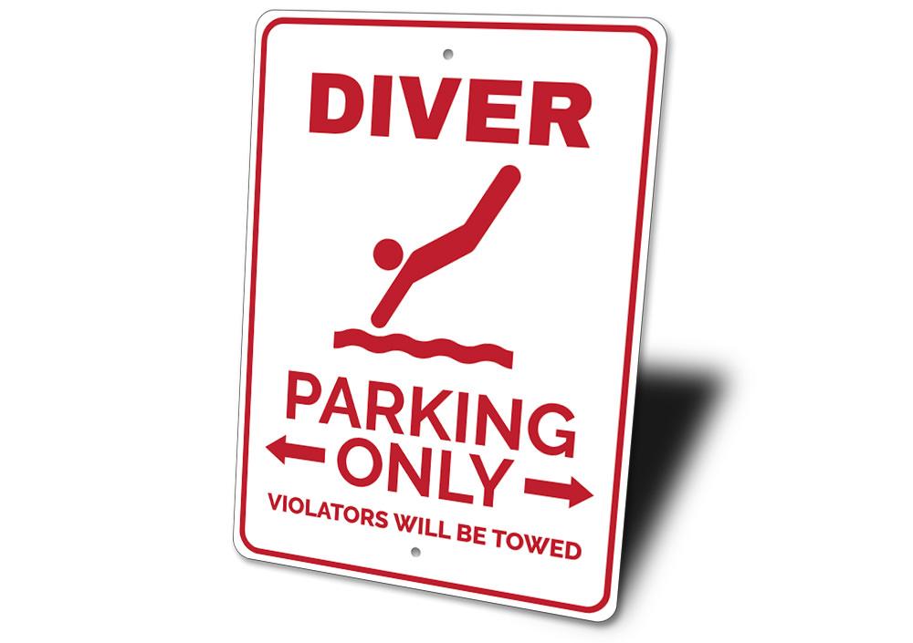 A Diver Parking Sign made of durable aluminum, featuring a unique design for reserving parking spaces, suitable for various vehicles.