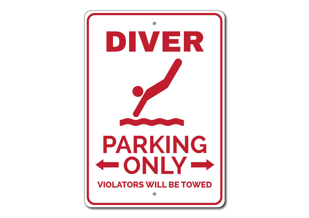 A Diver Parking Sign made of durable aluminum, featuring a unique design for reserving parking spaces, suitable for various vehicles.