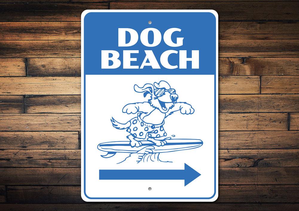A decorative Dog Beach Sign made of high-quality aluminum, featuring customizable text and pre-drilled holes for easy mounting.