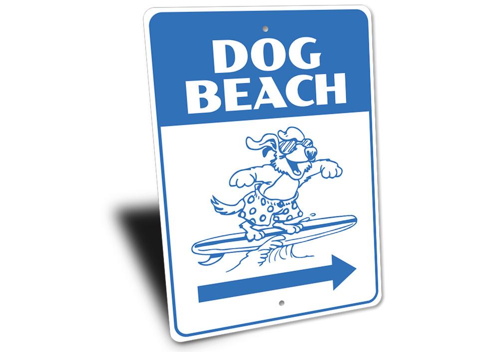 A decorative Dog Beach Sign made of high-quality aluminum, featuring customizable text and pre-drilled holes for easy mounting.