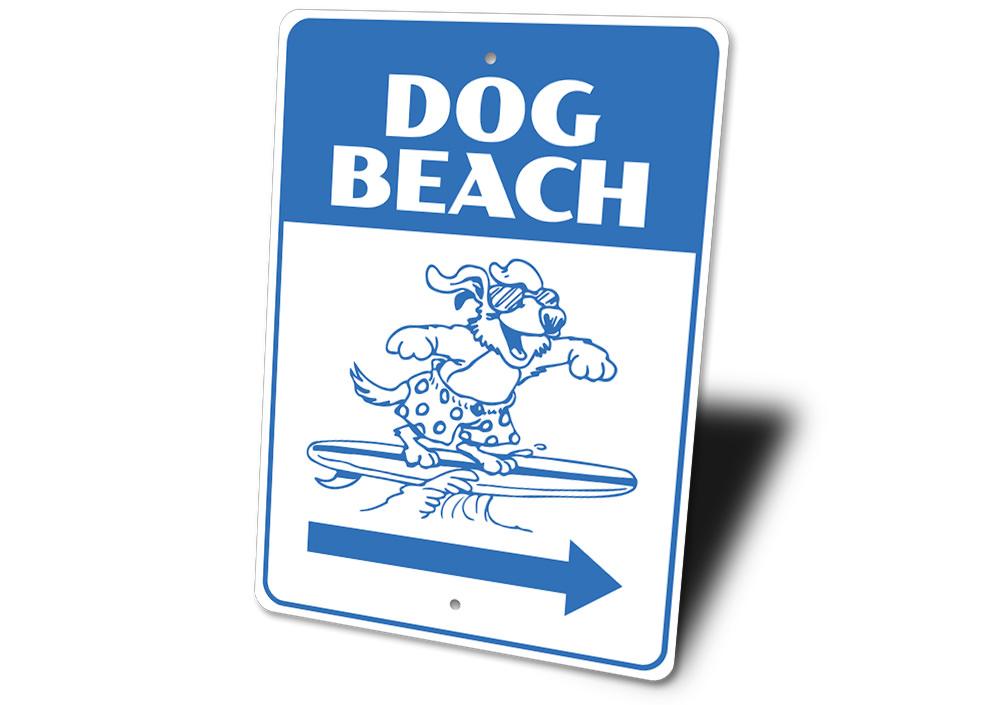 A decorative Dog Beach Sign made of high-quality aluminum, featuring customizable text and pre-drilled holes for easy mounting.