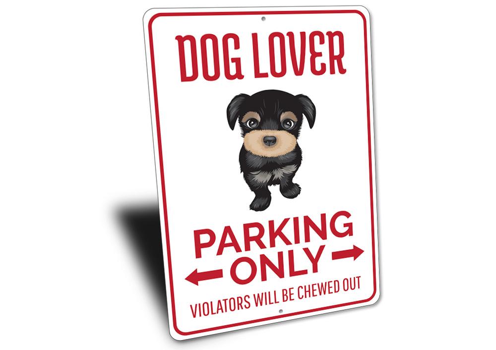 A colorful Dog Lover Parking Sign made of durable aluminum, featuring a playful dog graphic and customizable text options.