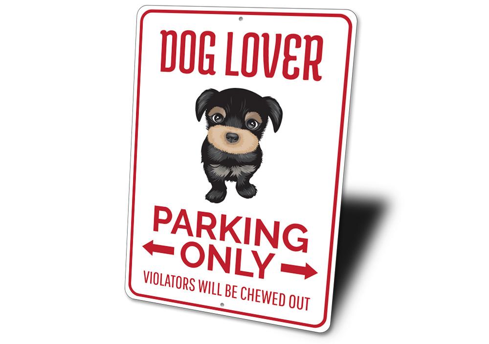 A colorful Dog Lover Parking Sign made of durable aluminum, featuring a playful dog graphic and customizable text options.