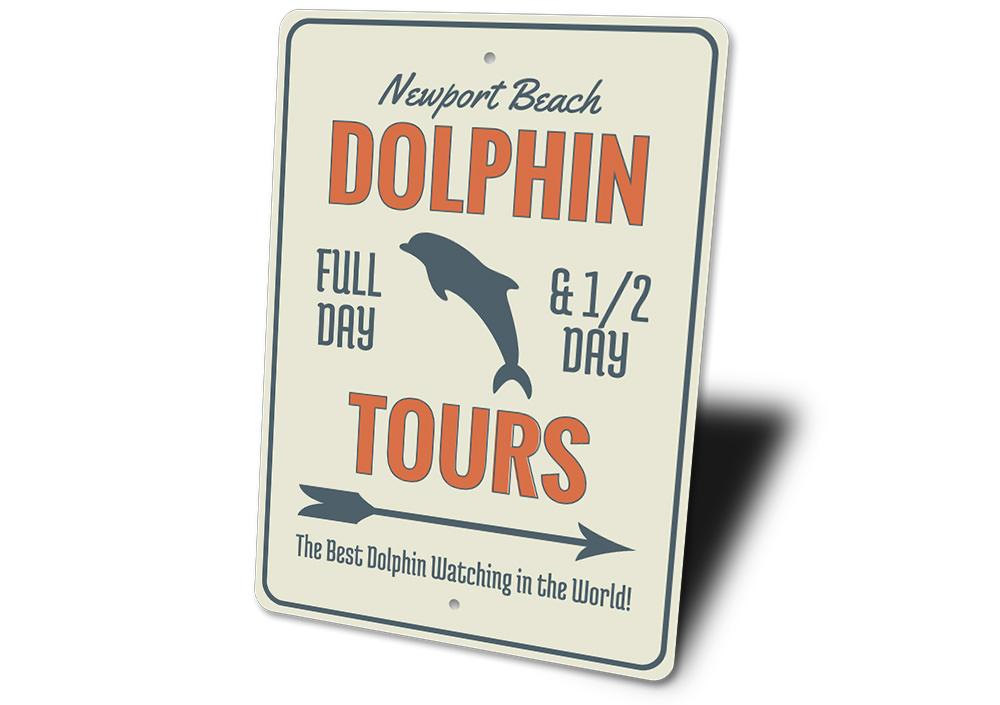 Dolphin Tours Arrow Sign made of high-quality aluminum, featuring a vibrant design perfect for beach-themed decor.