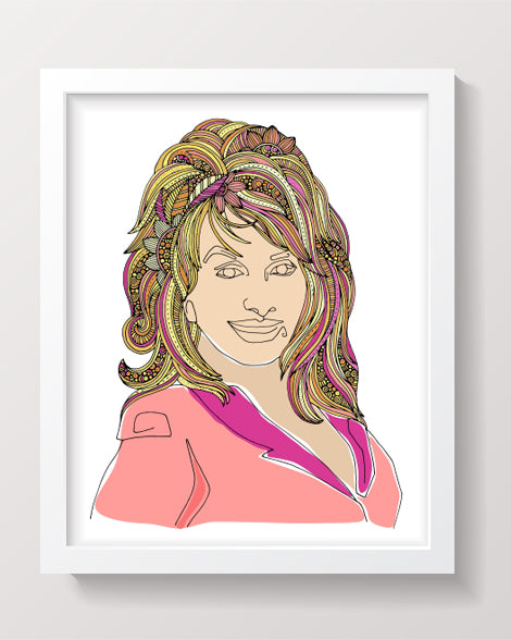 Illustration of Dolly Parton, the Queen of Country Music, in vibrant colors on heavy matte cardstock.