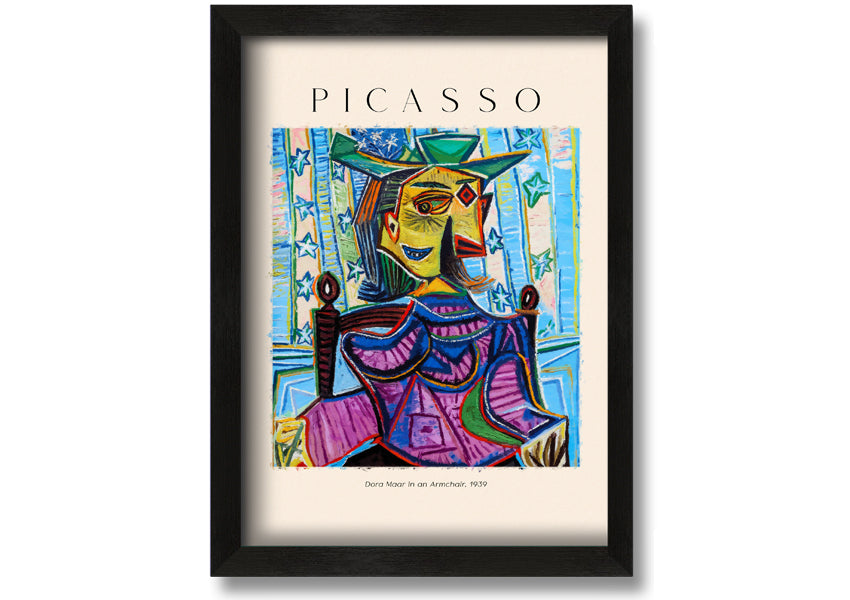 A vibrant reproduction of Picasso's Dora Maar In An Armchair, 1939, showcasing bold colors and abstract forms on a coated polyester canvas.