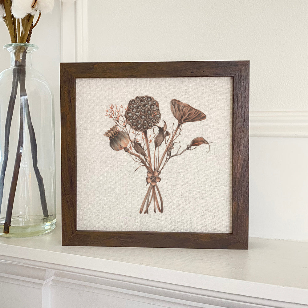 Dried Lotus Bouquet framed sign with a natural wood frame, featuring eco-friendly ink printing on a linen-look background.