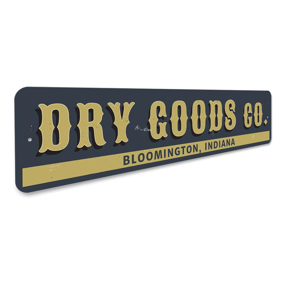 Customizable Dry Goods Company Sign made of high-quality aluminum, featuring pre-drilled holes for easy mounting.