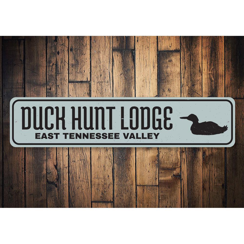 Duck Hunt Lodge Sign made of high-quality aluminum, featuring customizable text and pre-drilled holes for easy mounting.