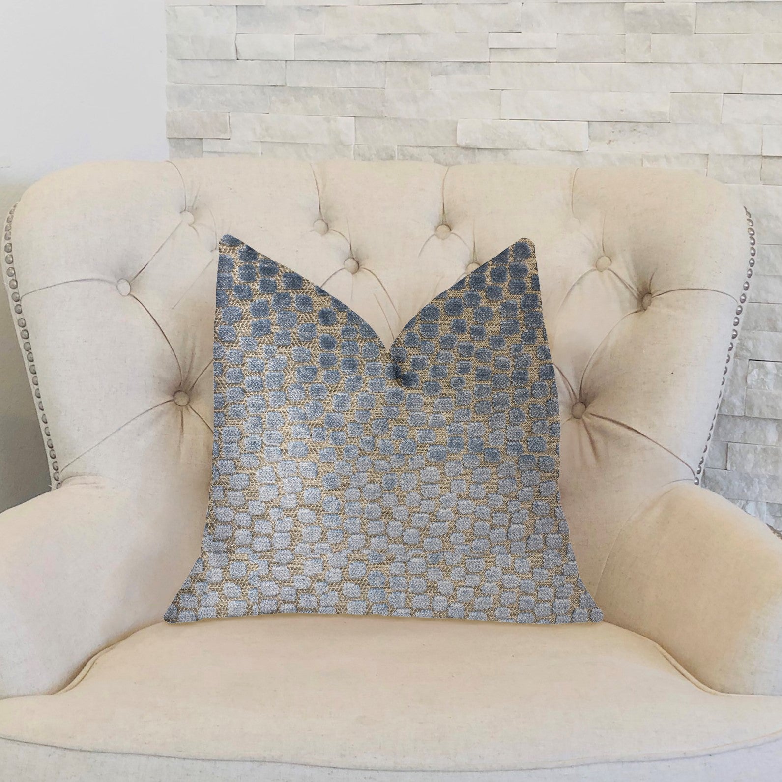 Dusky Gem Blue and Silver Luxury Throw Pillow with textured pattern and invisible zipper, showcasing elegant colors.