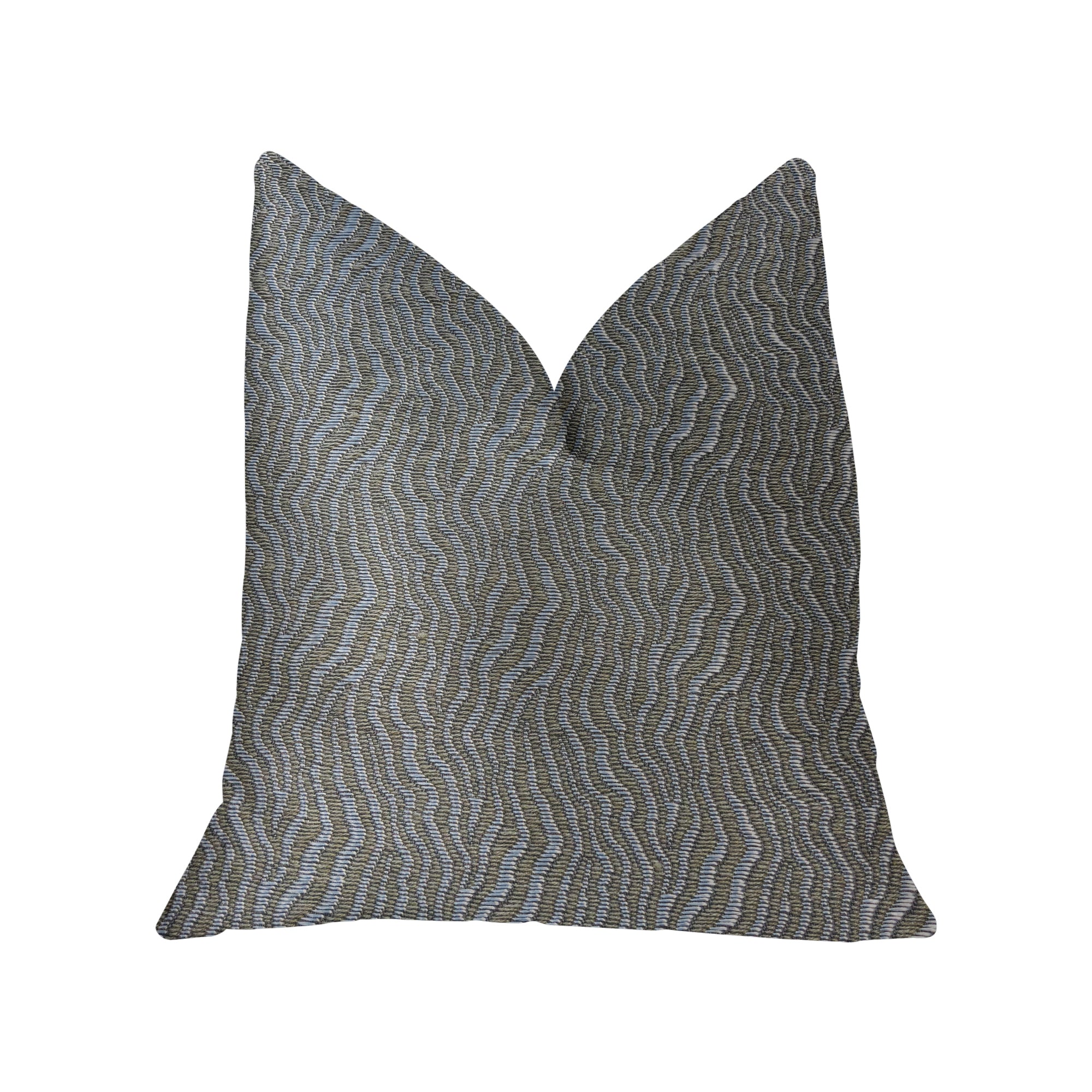Dusky veined silver and taupe luxury throw pillow with elegant design and invisible zipper, showcasing its double-sided feature.