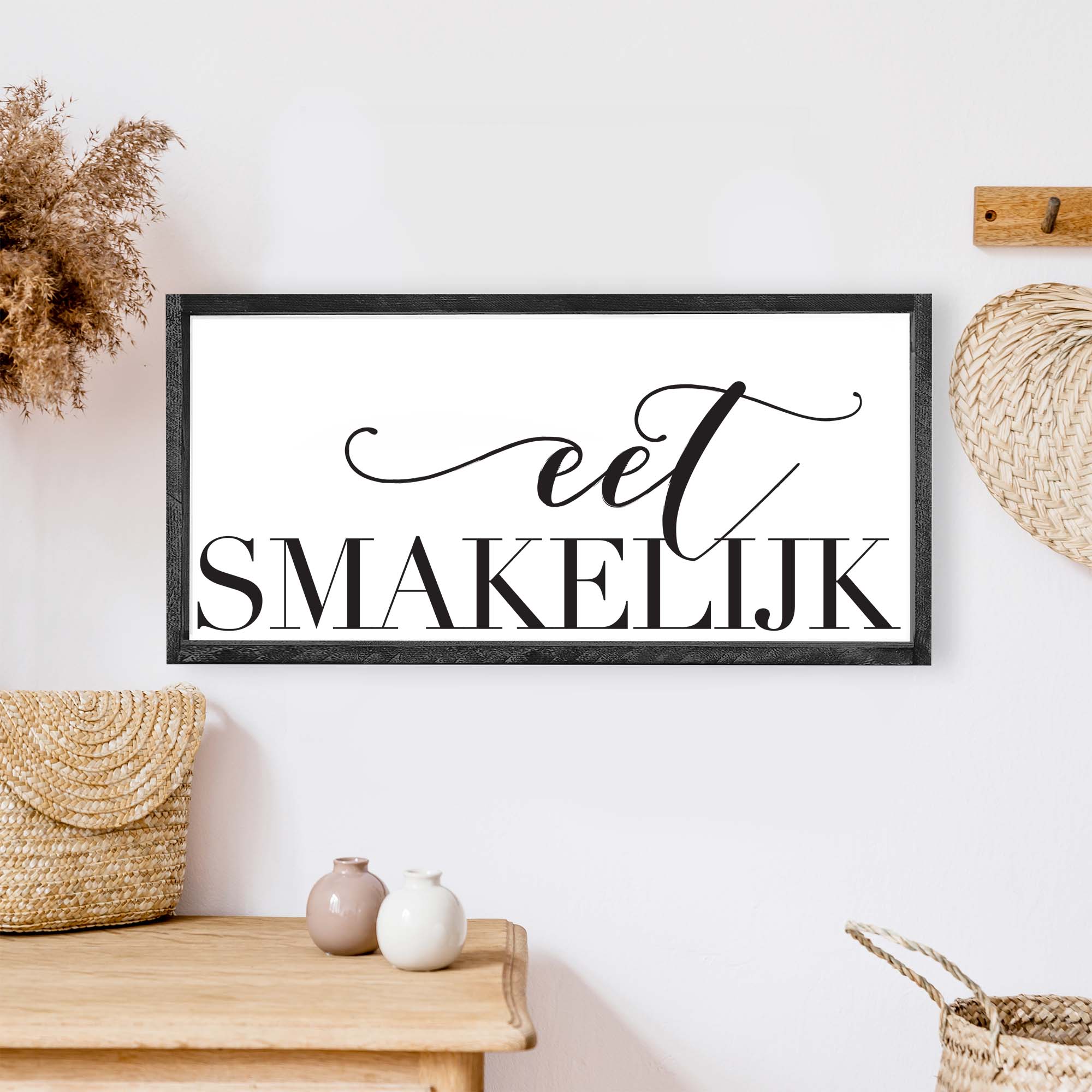 A charming Dutch Eet Smakelijk Wood Sign, measuring 13x13 inches, featuring a stained pine wood frame and waterproof black text on a white background.