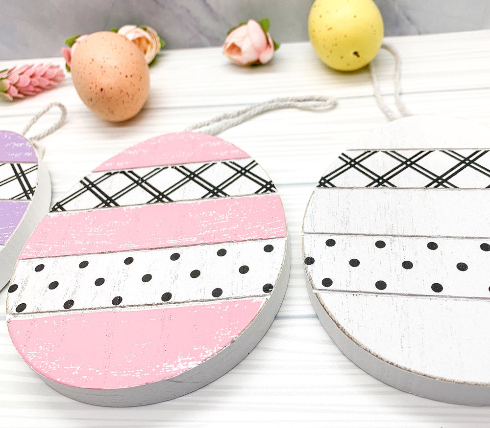 Handmade wooden Easter ornaments featuring a Tulip and Easter Egg design, double-sided with polka-dot and gingham patterns.