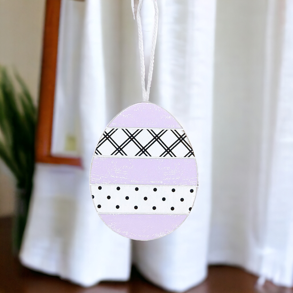 Handmade wooden Easter ornaments featuring a Tulip and Easter Egg design, double-sided with polka-dot and gingham patterns.