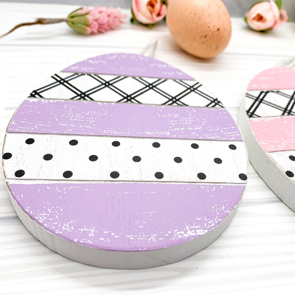 Handmade wooden Easter ornaments featuring a Tulip and Easter Egg design, double-sided with polka-dot and gingham patterns.