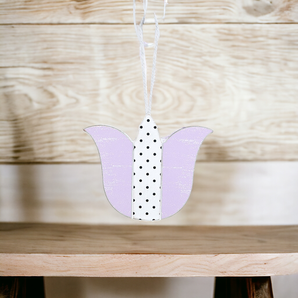 Handmade wooden Easter ornaments featuring a Tulip and Easter Egg design, double-sided with polka-dot and gingham patterns.