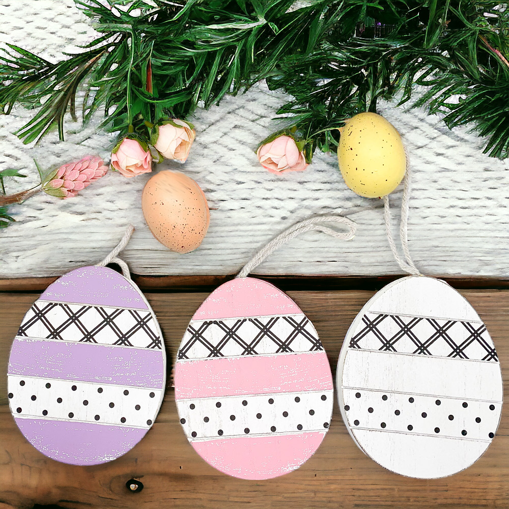 Handmade wooden Easter ornaments featuring a Tulip and Easter Egg design, double-sided with polka-dot and gingham patterns.