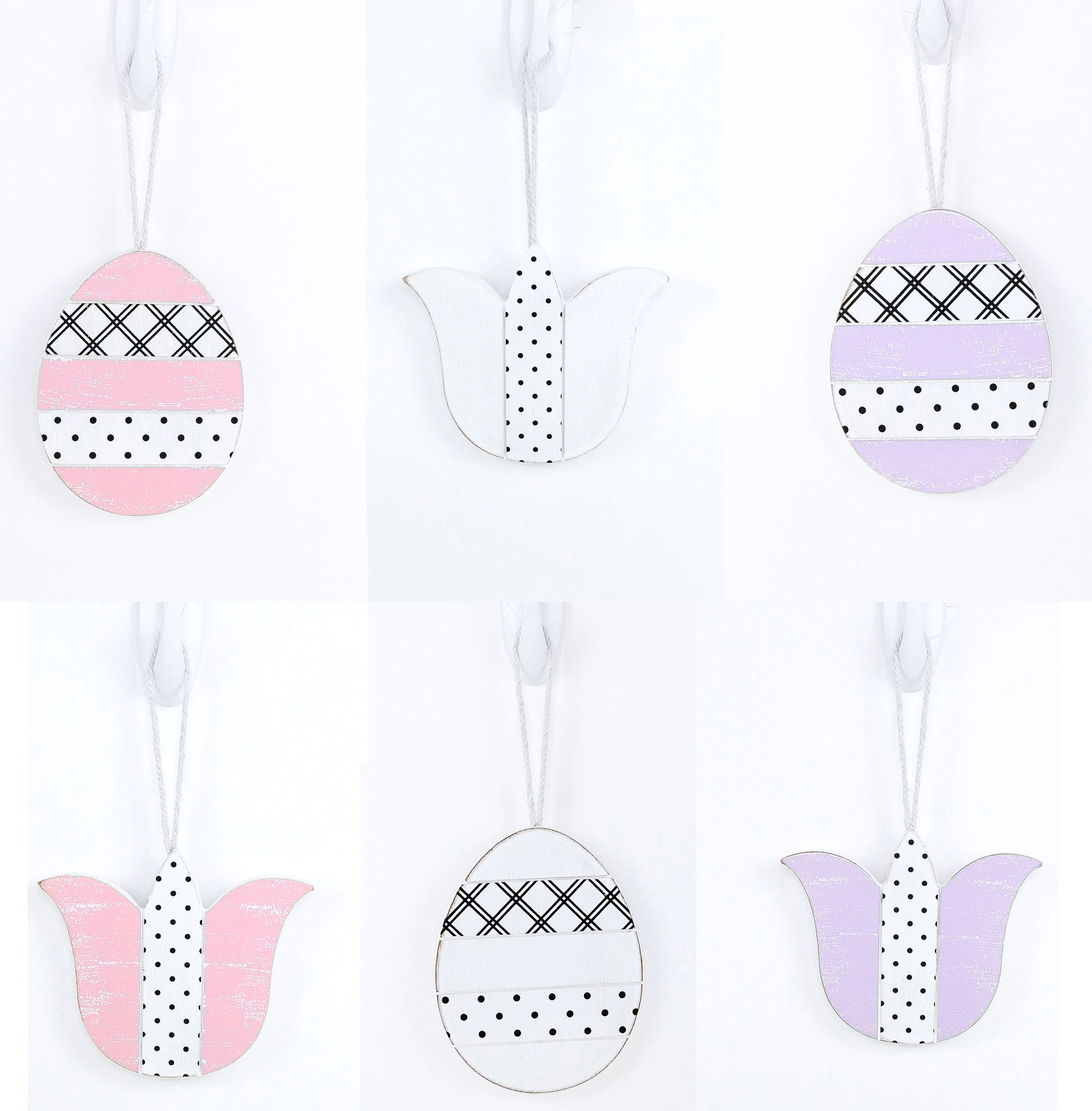 Handmade wooden Easter ornaments featuring a Tulip and Easter Egg design, double-sided with polka-dot and gingham patterns.