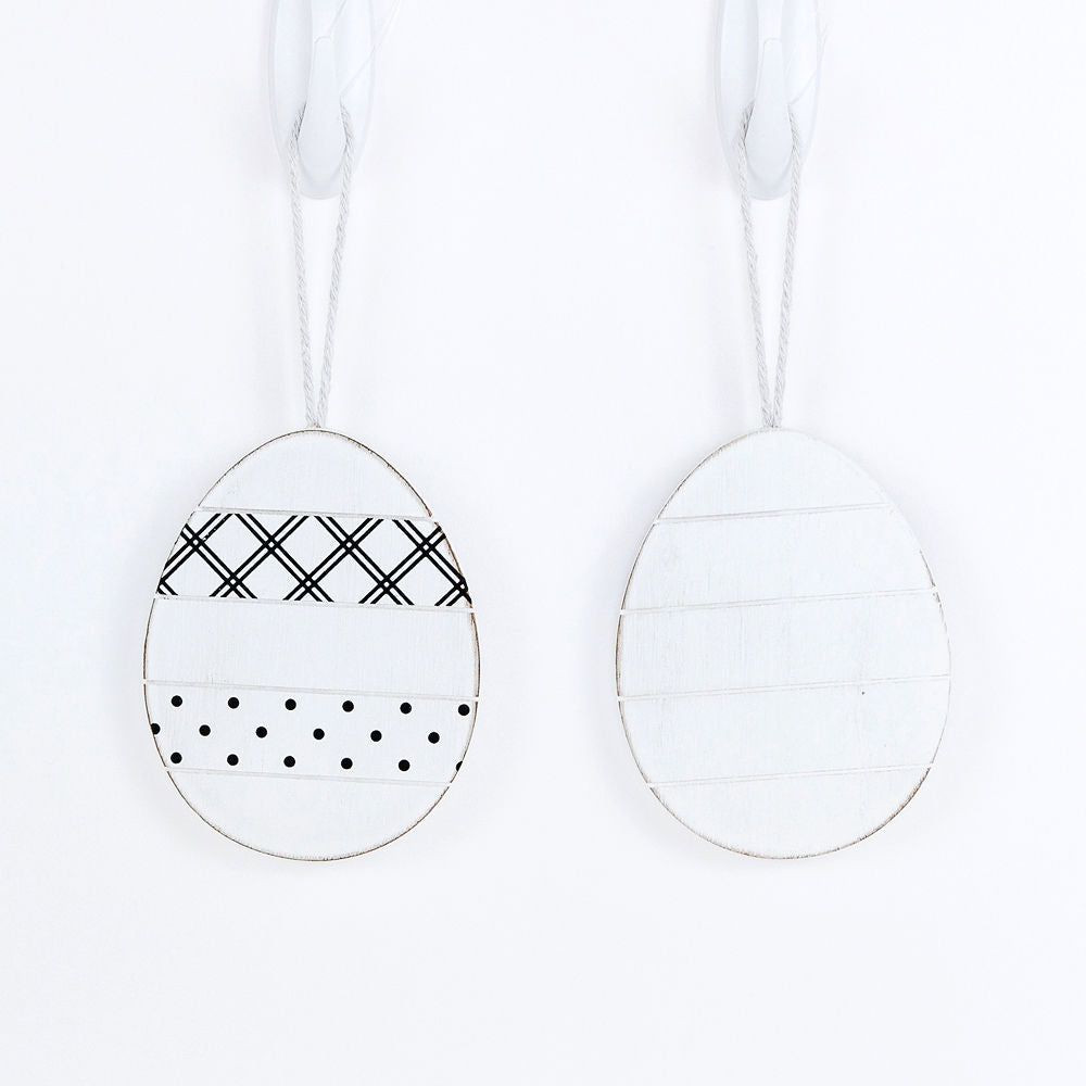 Handmade wooden Easter ornaments featuring a Tulip and Easter Egg design, double-sided with polka-dot and gingham patterns.