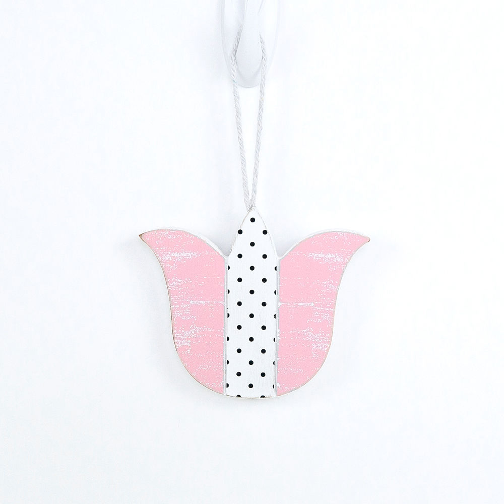 Handmade wooden Easter ornaments featuring a Tulip and Easter Egg design, double-sided with polka-dot and gingham patterns.