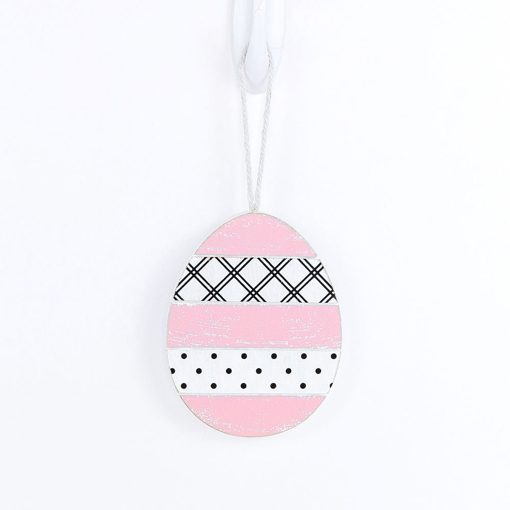 Handmade wooden Easter ornaments featuring a Tulip and Easter Egg design, double-sided with polka-dot and gingham patterns.