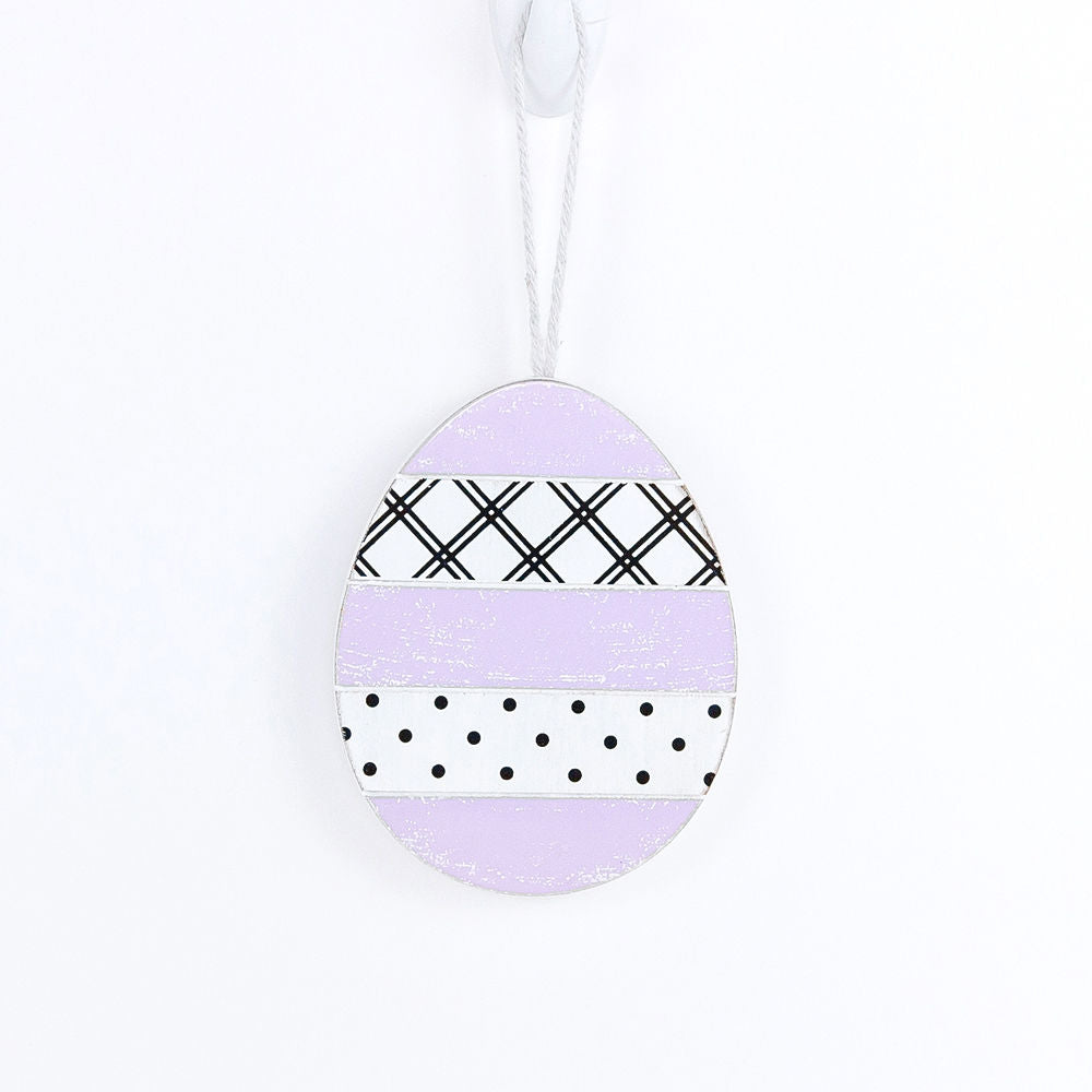 Handmade wooden Easter ornaments featuring a Tulip and Easter Egg design, double-sided with polka-dot and gingham patterns.