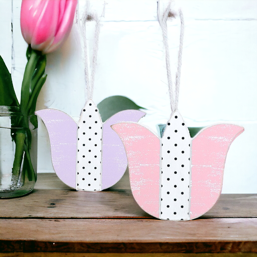 Handmade wooden Easter ornaments featuring a Tulip and Easter Egg design, double-sided with polka-dot and gingham patterns.