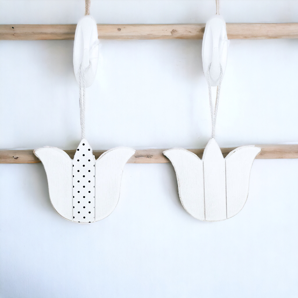 Handmade wooden Easter ornaments featuring a Tulip and Easter Egg design, double-sided with polka-dot and gingham patterns.