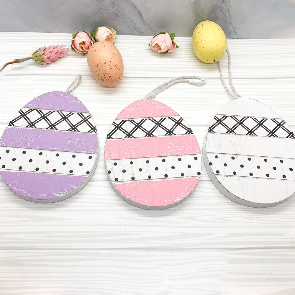 Handmade wooden Easter ornaments featuring a Tulip and Easter Egg design, double-sided with polka-dot and gingham patterns.