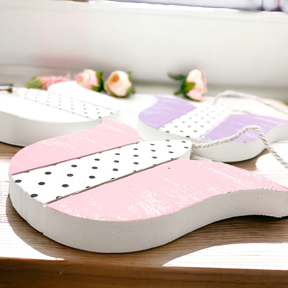 Handmade wooden Easter ornaments featuring a Tulip and Easter Egg design, double-sided with polka-dot and gingham patterns.