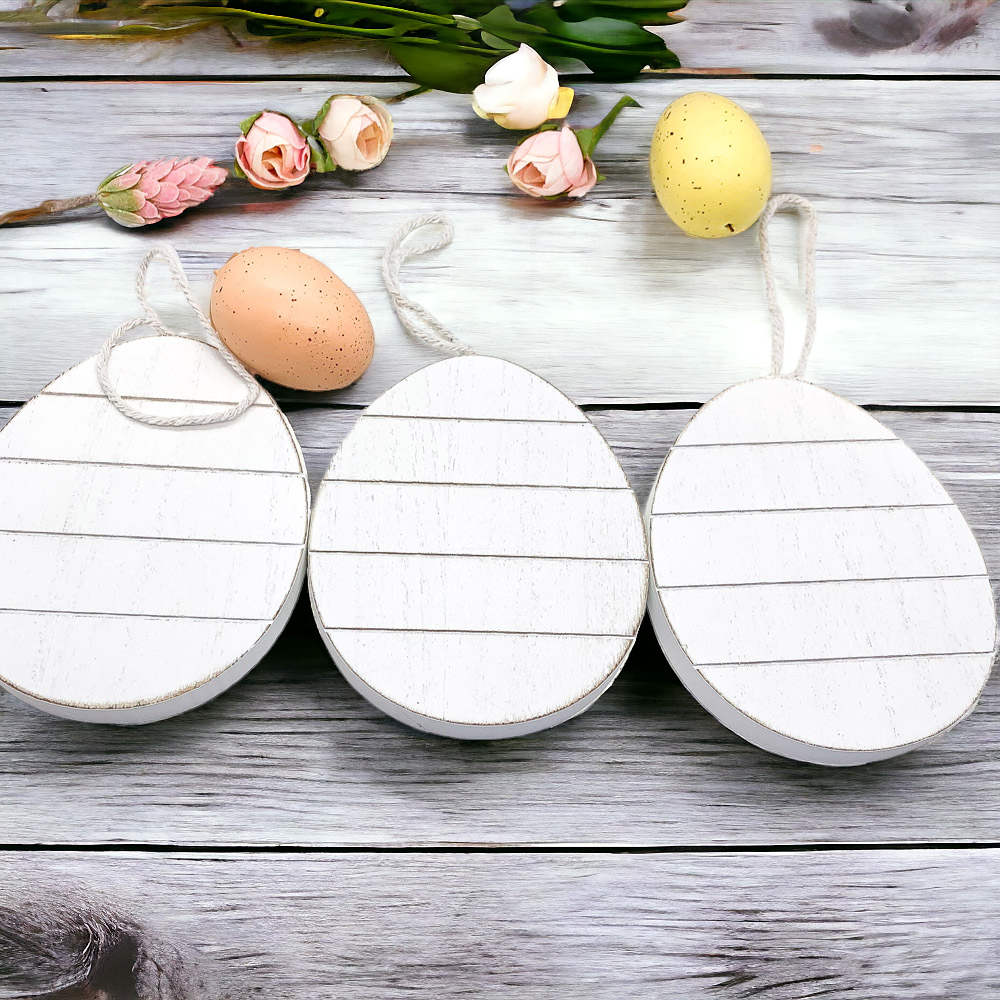 Handmade wooden Easter ornaments featuring a Tulip and Easter Egg design, double-sided with polka-dot and gingham patterns.