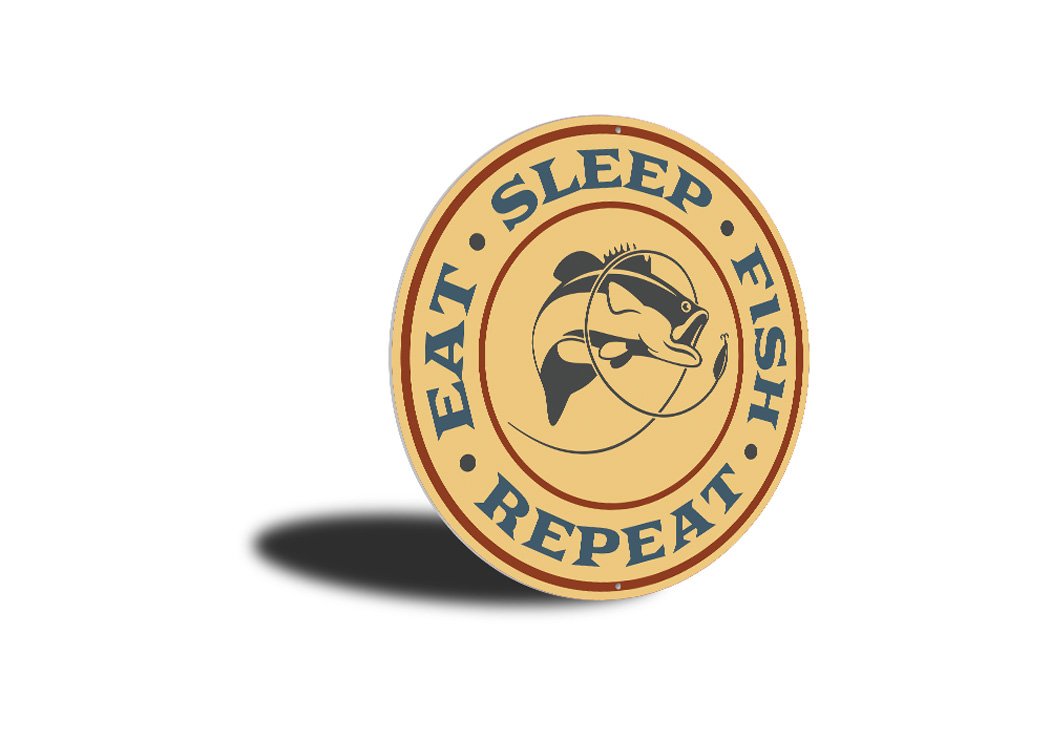 Eat Sleep Fish Repeat Fishing Sign made of high-quality aluminum, featuring a rustic design perfect for lakehouse decor.