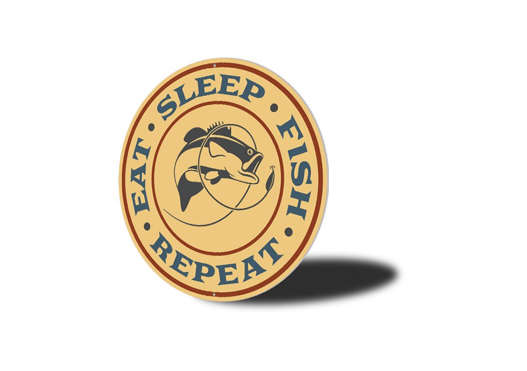 Eat Sleep Fish Repeat Fishing Sign made of high-quality aluminum, featuring a rustic design perfect for lakehouse decor.