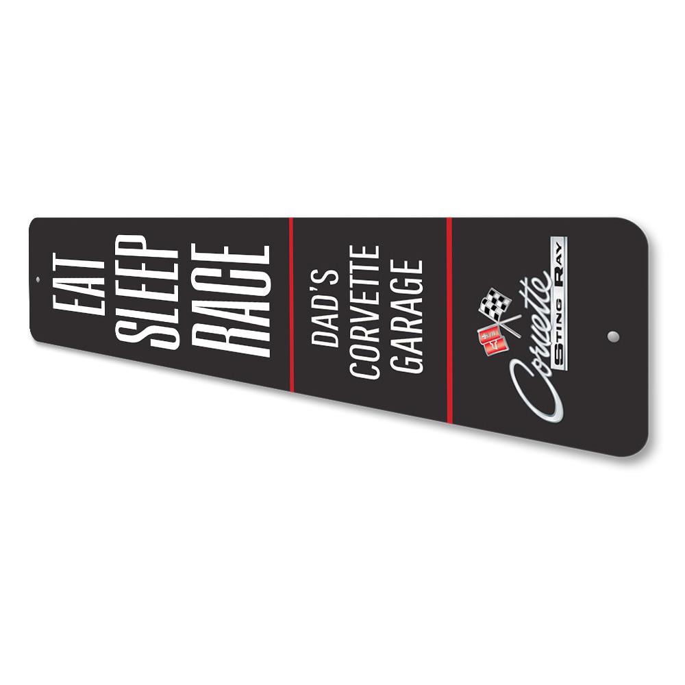 Eat Sleep Race Chevy Corvette Sign made of high-quality aluminum, featuring a sleek design perfect for car enthusiasts.