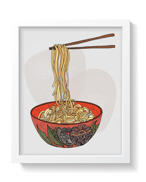 Archival art print of colorful noodles in a bowl, featuring pen and ink design with digital coloring, ready for framing.