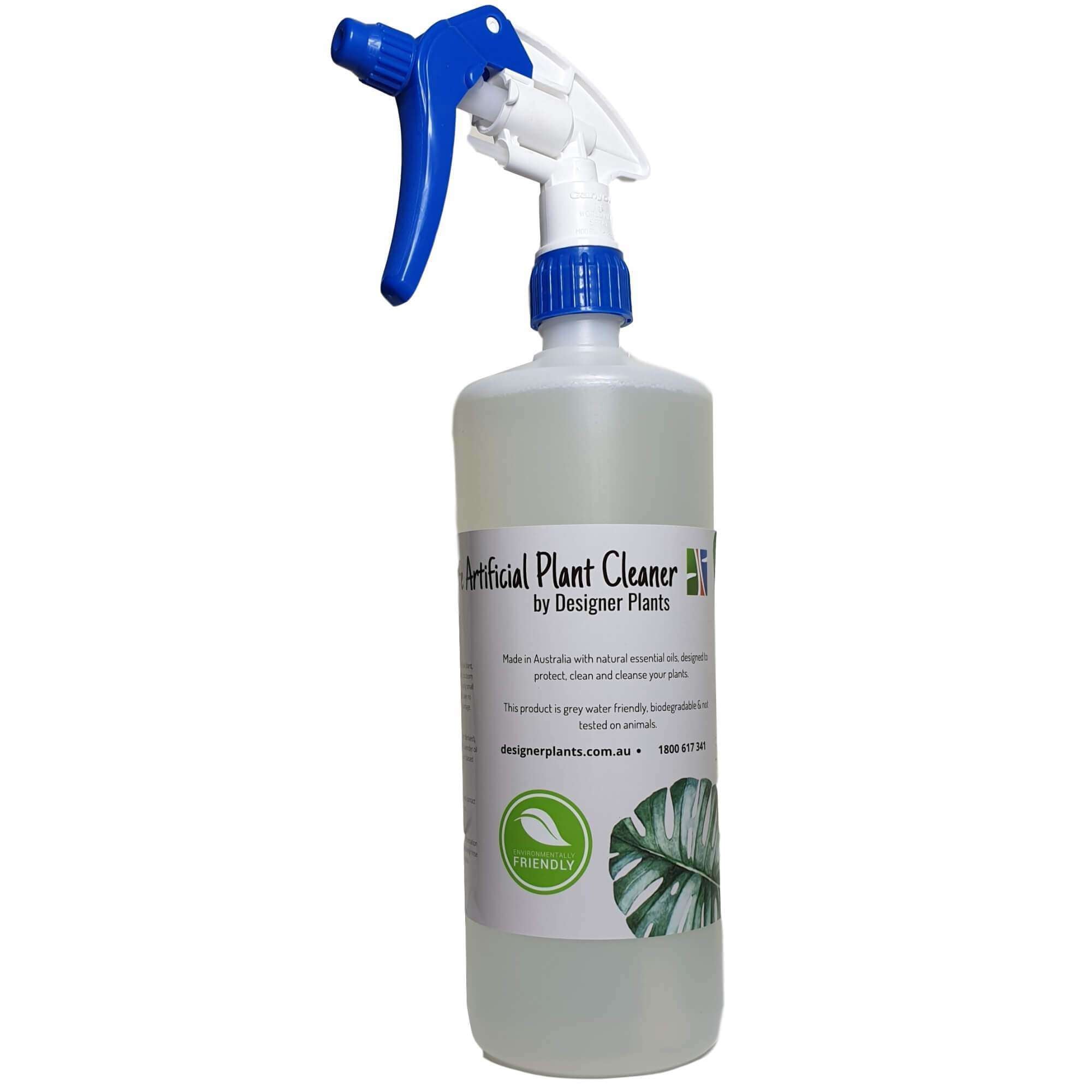 Eco Friendly Artificial Plant Cleaner in a spray bottle, showcasing its eco-friendly label and clear liquid inside.