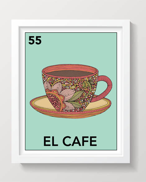 El Cafe Mexican Lottery art print featuring a colorful ornate mug with floral details and the number 55.