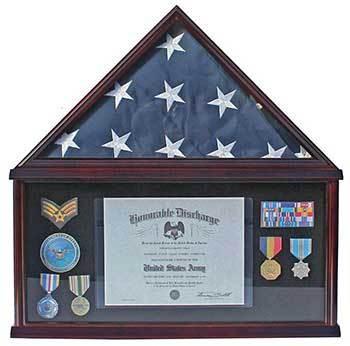 Elegant Memorial Flag Display Case showcasing a folded military flag and medals, featuring a glass cover and smooth wooden finish.