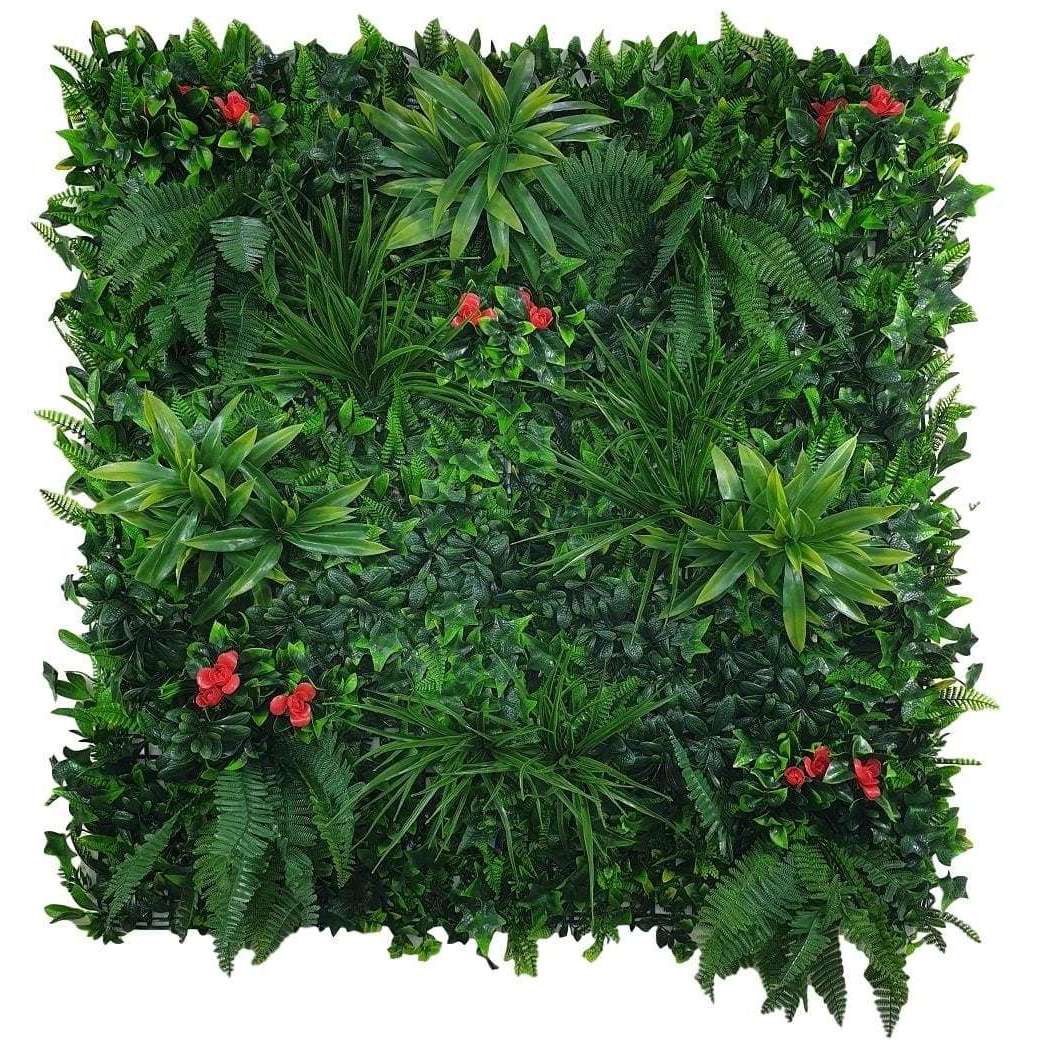 Elegant Red Rose Artificial Vertical Garden with lush tropical foliage, perfect for enhancing indoor and outdoor spaces.