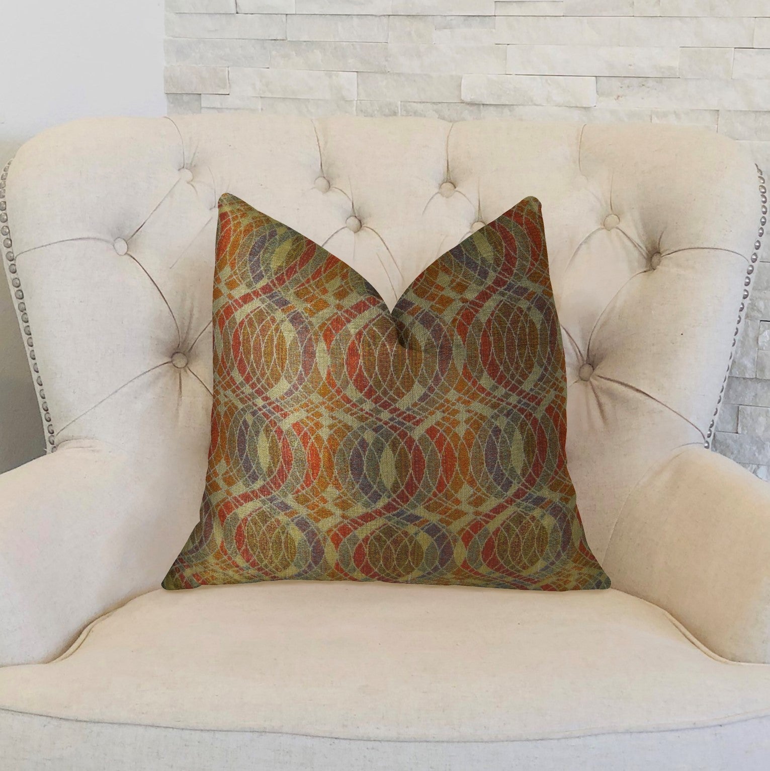 Ellipse Purple Olive and Red Handmade Luxury Pillow showcasing geometric pattern and elegant colors, perfect for modern decor.