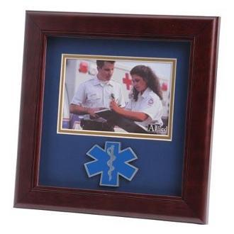 Emergency Medical Services Horizontal Picture Frame with blue matting and gold trim, holding a 4x6 inch photo, made from mahogany wood.