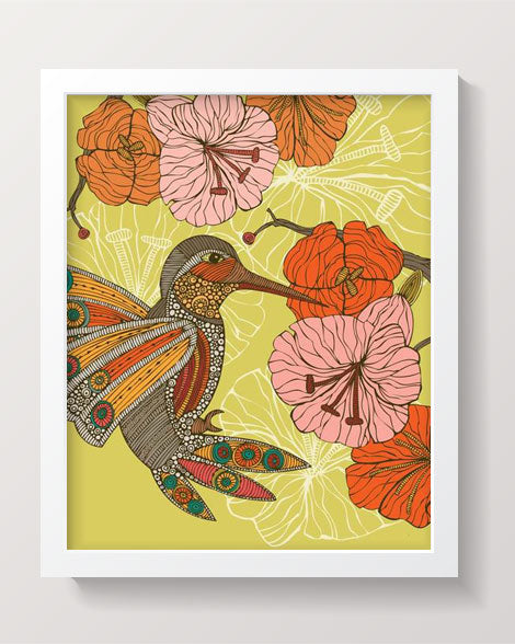 A vibrant print of original artwork titled Emilia el picaflor, showcasing colorful hummingbirds and floral elements.