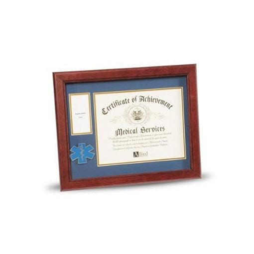 EMS Frame 8 x 10 with medallion display, showcasing a certificate and award in a mahogany wood frame.