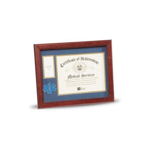 Elegant EMS Frame 8x10 with mahogany finish, displaying a certificate and medal.