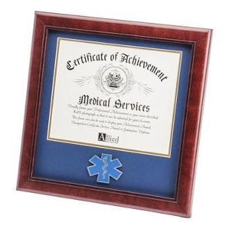 EMS Medallion Frame showcasing an 8x10 certificate with blue matting and gold trim, made of mahogany wood.