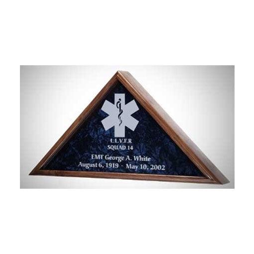 EMT Flag case made from solid oak, walnut, or mahogany, displaying a folded American flag with a personalized engraving.