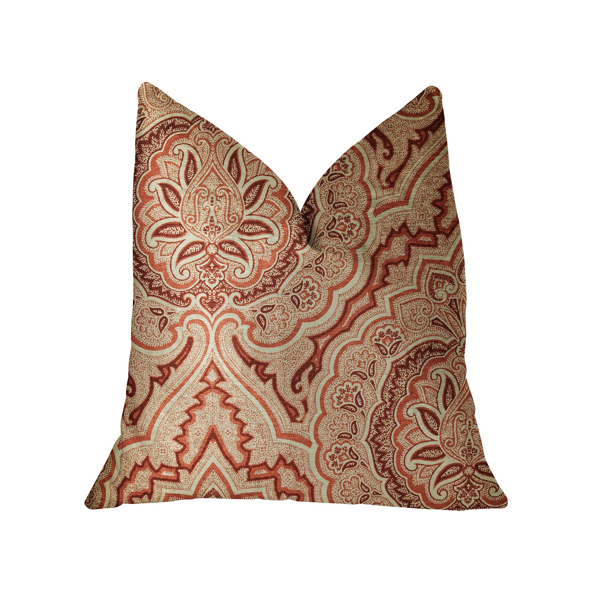Enchanted Prairie Red and Beige Luxury Throw Pillow featuring a vibrant paisley design, handmade in the USA with a soft cotton fabric.